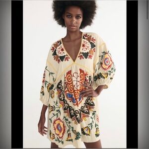 ZARA embroidered linen-like dress. Oversized fit